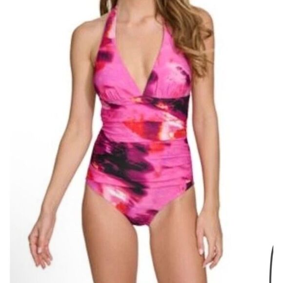DKNY Large Tie-Back Halter-Style One Piece Swimsuit Pink Multi NWT - Picture 1 of 5